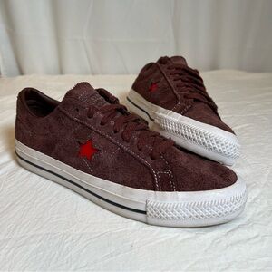 Converse One Star Pro Cons Low Sz 8M 9.5W Brown Suede Sneakers Red Star Accent